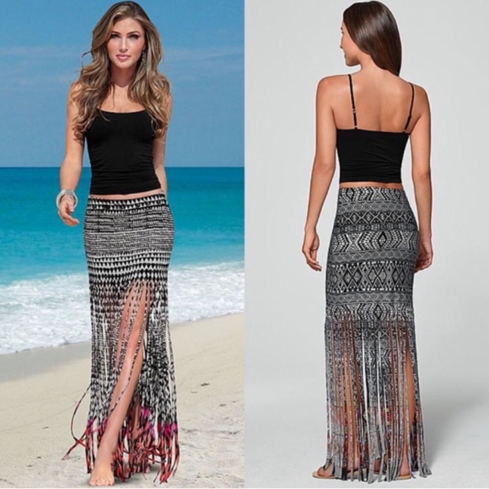Worn ONCE Venus fringe shredded patterned maxi skirt. Multicolored. Size XS.